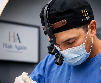 Dr. Camilo Uribe M. durante una cirugía capilar FUE